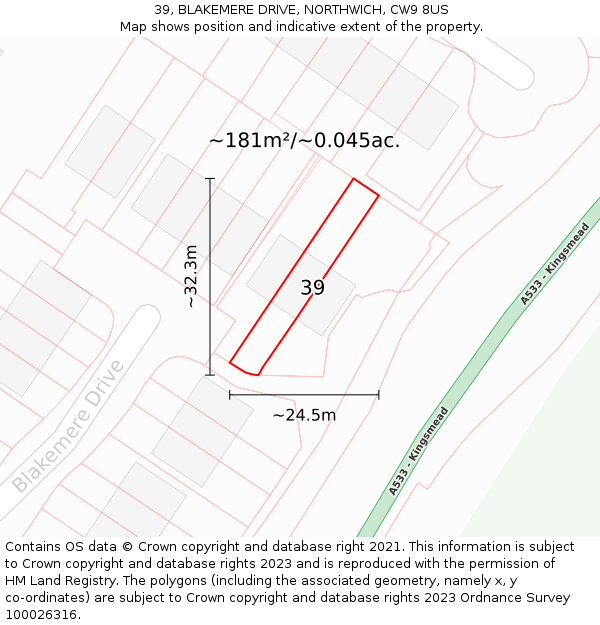 39, BLAKEMERE DRIVE, NORTHWICH, CW9 8US: Plot and title map