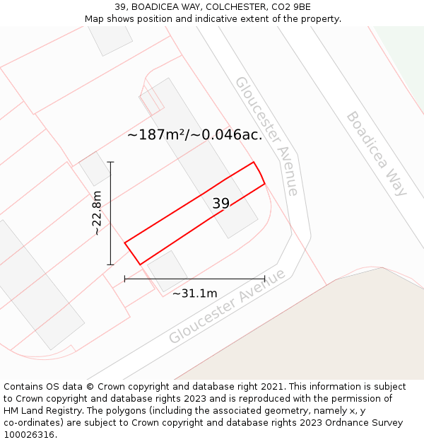 39, BOADICEA WAY, COLCHESTER, CO2 9BE: Plot and title map