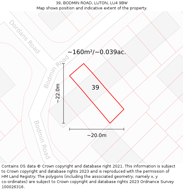 39, BODMIN ROAD, LUTON, LU4 9BW: Plot and title map
