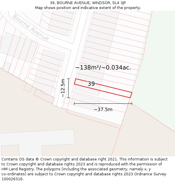 39, BOURNE AVENUE, WINDSOR, SL4 3JP: Plot and title map