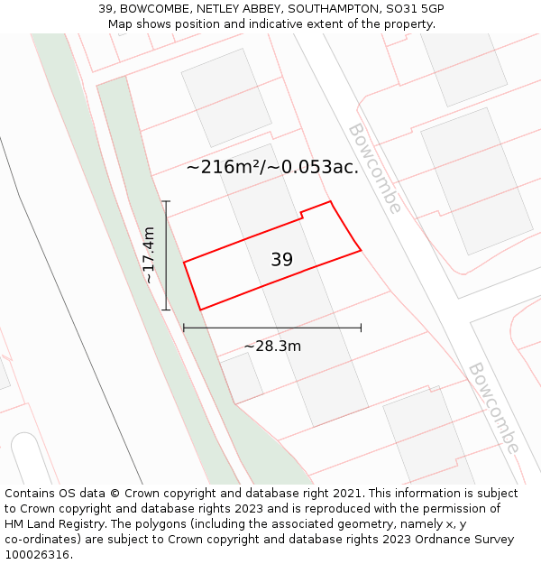 39, BOWCOMBE, NETLEY ABBEY, SOUTHAMPTON, SO31 5GP: Plot and title map