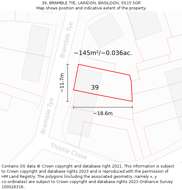 39, BRAMBLE TYE, LAINDON, BASILDON, SS15 5GR: Plot and title map