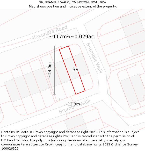 39, BRAMBLE WALK, LYMINGTON, SO41 9LW: Plot and title map