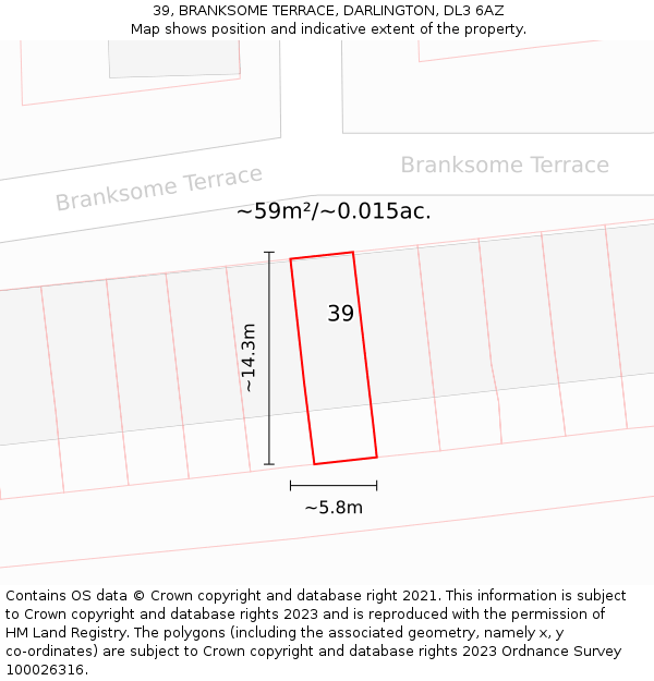 39, BRANKSOME TERRACE, DARLINGTON, DL3 6AZ: Plot and title map