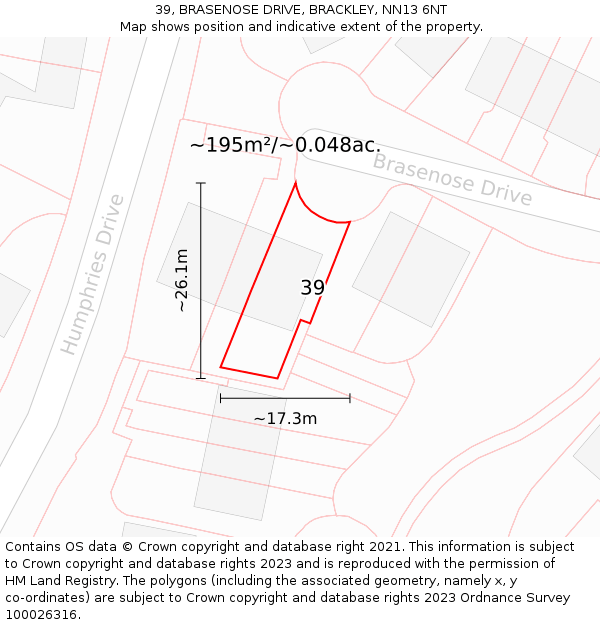 39, BRASENOSE DRIVE, BRACKLEY, NN13 6NT: Plot and title map