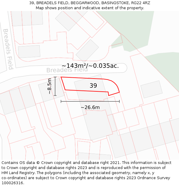 39, BREADELS FIELD, BEGGARWOOD, BASINGSTOKE, RG22 4RZ: Plot and title map