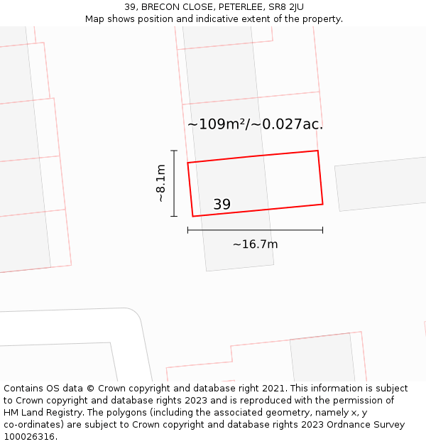 39, BRECON CLOSE, PETERLEE, SR8 2JU: Plot and title map