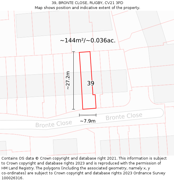39, BRONTE CLOSE, RUGBY, CV21 3PD: Plot and title map