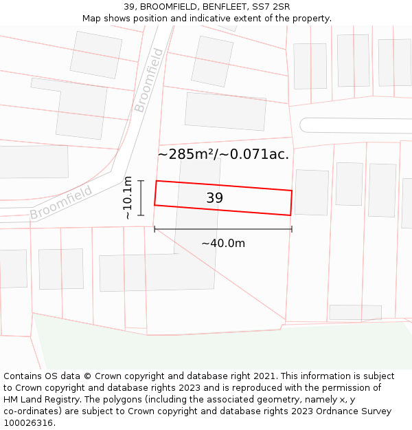 39, BROOMFIELD, BENFLEET, SS7 2SR: Plot and title map