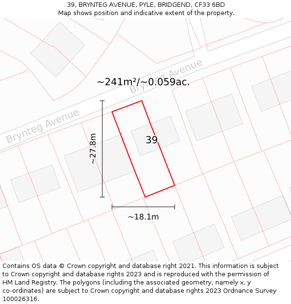 39, BRYNTEG AVENUE, PYLE, BRIDGEND, CF33 6BD: Plot and title map