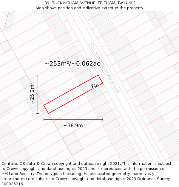 39, BUCKINGHAM AVENUE, FELTHAM, TW14 9LF: Plot and title map