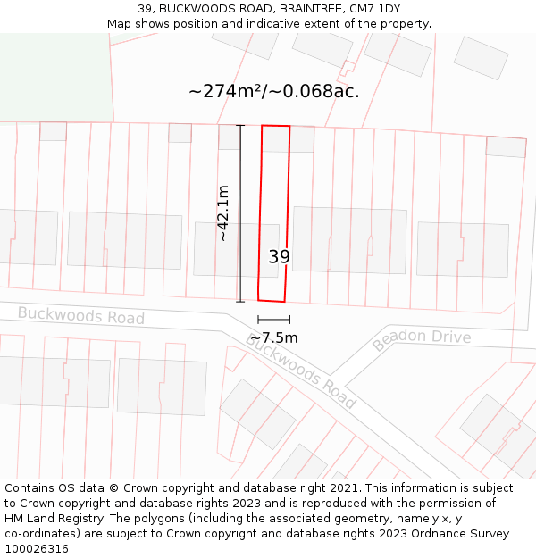 39, BUCKWOODS ROAD, BRAINTREE, CM7 1DY: Plot and title map