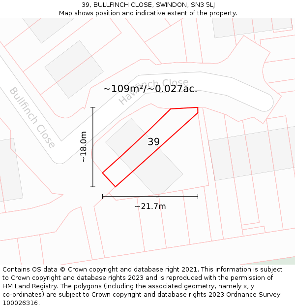 39, BULLFINCH CLOSE, SWINDON, SN3 5LJ: Plot and title map