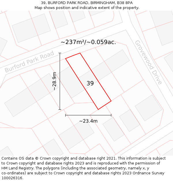 39, BURFORD PARK ROAD, BIRMINGHAM, B38 8PA: Plot and title map