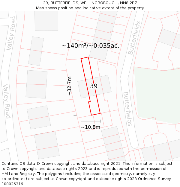 39, BUTTERFIELDS, WELLINGBOROUGH, NN8 2PZ: Plot and title map
