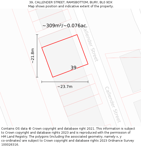 39, CALLENDER STREET, RAMSBOTTOM, BURY, BL0 9DX: Plot and title map