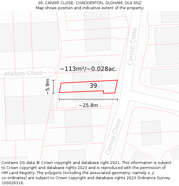 39, CANISP CLOSE, CHADDERTON, OLDHAM, OL9 0NZ: Plot and title map