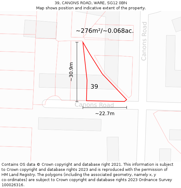 39, CANONS ROAD, WARE, SG12 0BN: Plot and title map