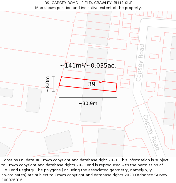 39, CAPSEY ROAD, IFIELD, CRAWLEY, RH11 0UF: Plot and title map