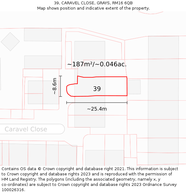 39, CARAVEL CLOSE, GRAYS, RM16 6QB: Plot and title map