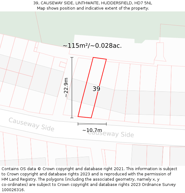 39, CAUSEWAY SIDE, LINTHWAITE, HUDDERSFIELD, HD7 5NL: Plot and title map