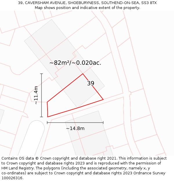 39, CAVERSHAM AVENUE, SHOEBURYNESS, SOUTHEND-ON-SEA, SS3 8TX: Plot and title map