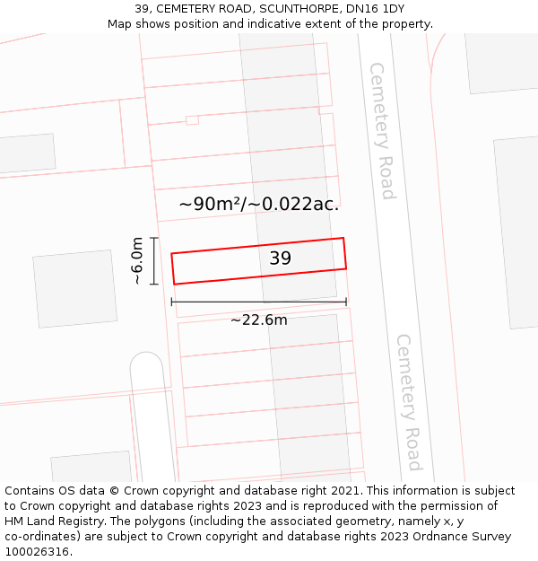 39, CEMETERY ROAD, SCUNTHORPE, DN16 1DY: Plot and title map
