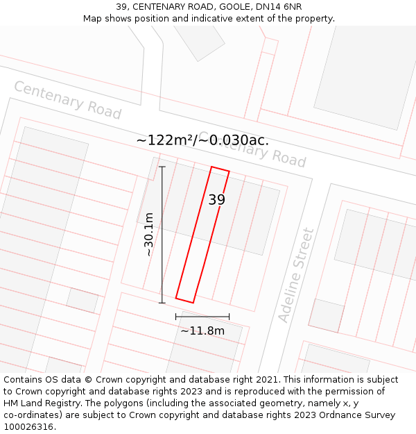 39, CENTENARY ROAD, GOOLE, DN14 6NR: Plot and title map