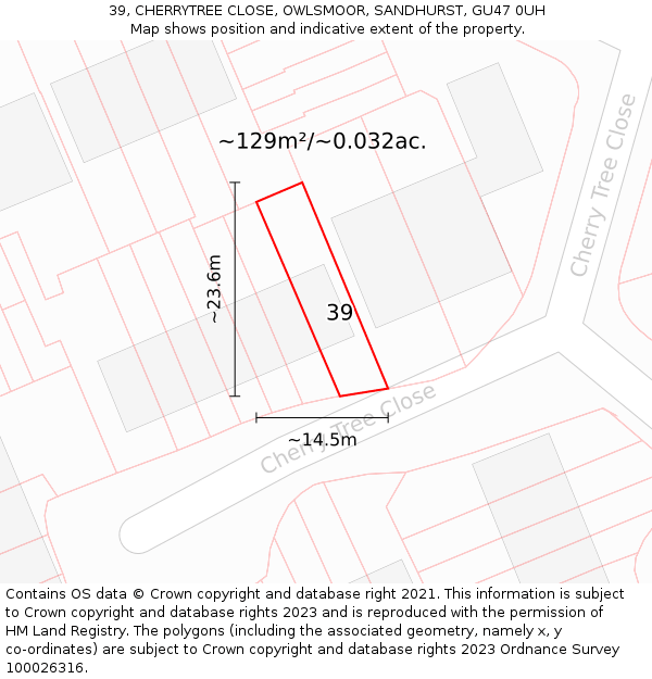 39, CHERRYTREE CLOSE, OWLSMOOR, SANDHURST, GU47 0UH: Plot and title map