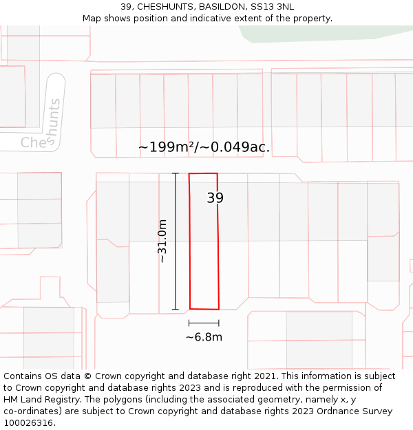 39, CHESHUNTS, BASILDON, SS13 3NL: Plot and title map