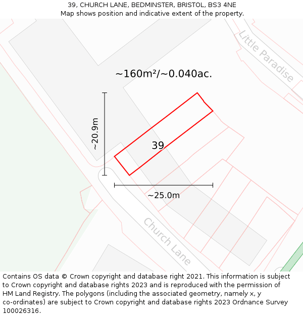 39, CHURCH LANE, BEDMINSTER, BRISTOL, BS3 4NE: Plot and title map