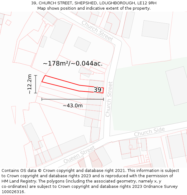 39, CHURCH STREET, SHEPSHED, LOUGHBOROUGH, LE12 9RH: Plot and title map
