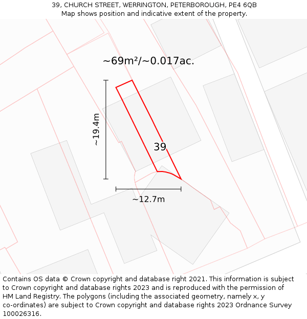 39, CHURCH STREET, WERRINGTON, PETERBOROUGH, PE4 6QB: Plot and title map