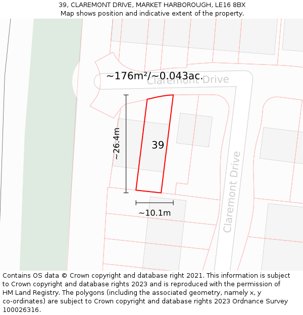 39, CLAREMONT DRIVE, MARKET HARBOROUGH, LE16 8BX: Plot and title map