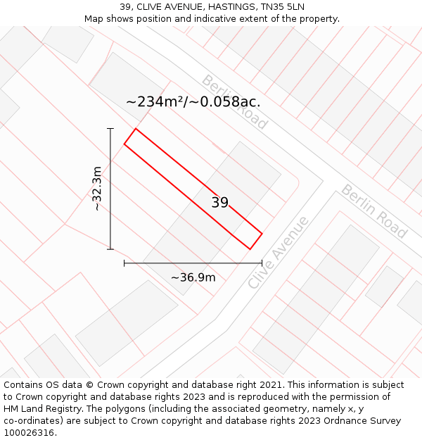 39, CLIVE AVENUE, HASTINGS, TN35 5LN: Plot and title map