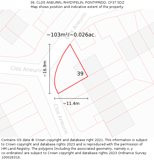 39, CLOS ANEURIN, RHYDYFELIN, PONTYPRIDD, CF37 5DZ: Plot and title map