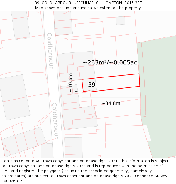 39, COLDHARBOUR, UFFCULME, CULLOMPTON, EX15 3EE: Plot and title map