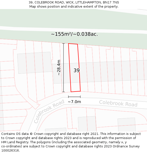39, COLEBROOK ROAD, WICK, LITTLEHAMPTON, BN17 7NS: Plot and title map