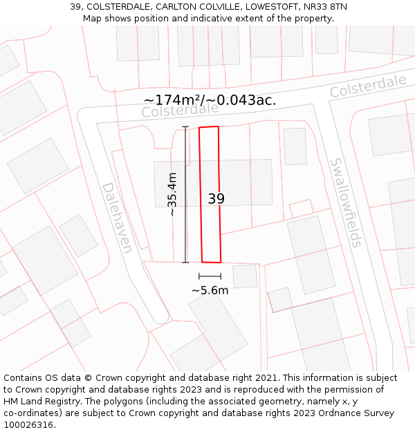 39, COLSTERDALE, CARLTON COLVILLE, LOWESTOFT, NR33 8TN: Plot and title map