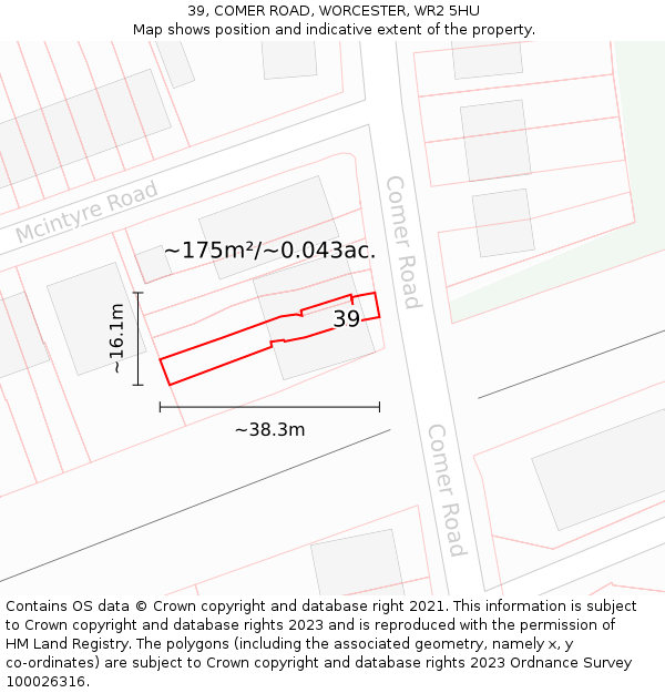 39, COMER ROAD, WORCESTER, WR2 5HU: Plot and title map