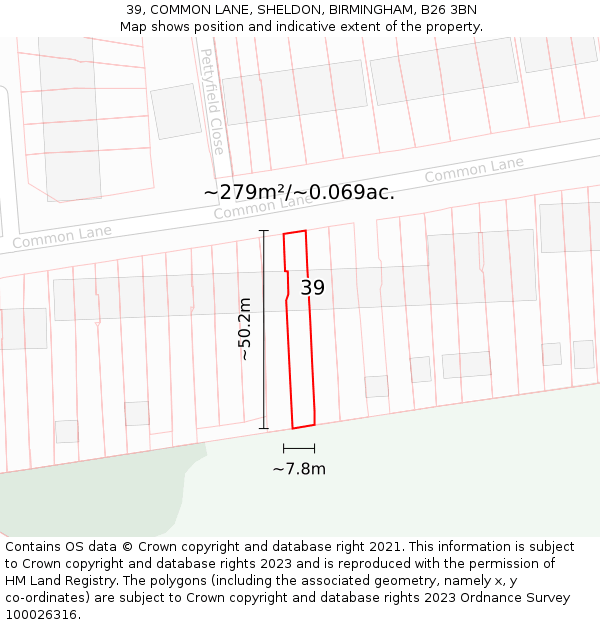 39, COMMON LANE, SHELDON, BIRMINGHAM, B26 3BN: Plot and title map