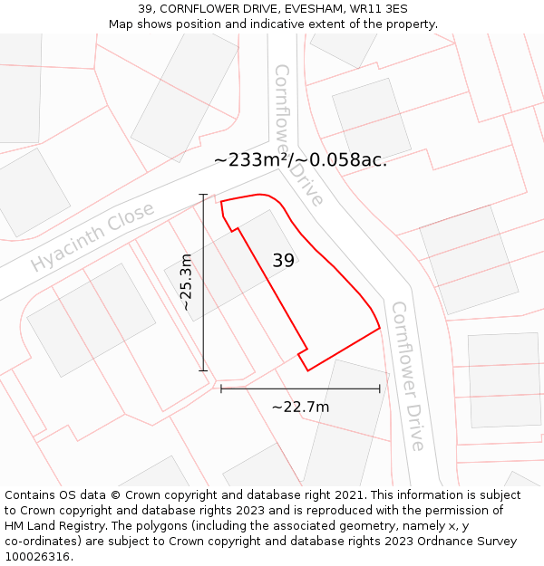 39, CORNFLOWER DRIVE, EVESHAM, WR11 3ES: Plot and title map