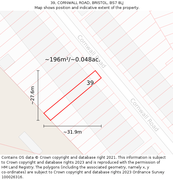 39, CORNWALL ROAD, BRISTOL, BS7 8LJ: Plot and title map
