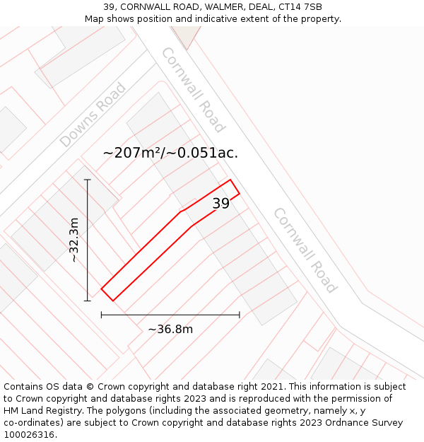 39, CORNWALL ROAD, WALMER, DEAL, CT14 7SB: Plot and title map