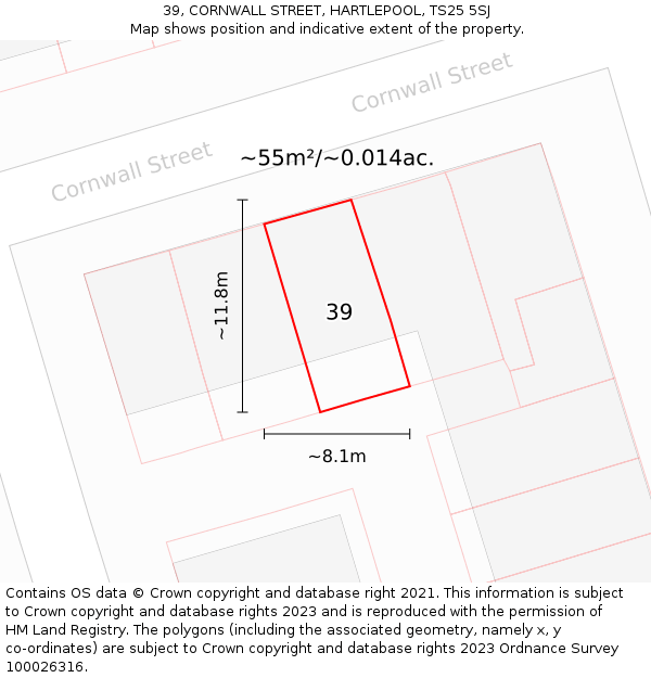 39, CORNWALL STREET, HARTLEPOOL, TS25 5SJ: Plot and title map