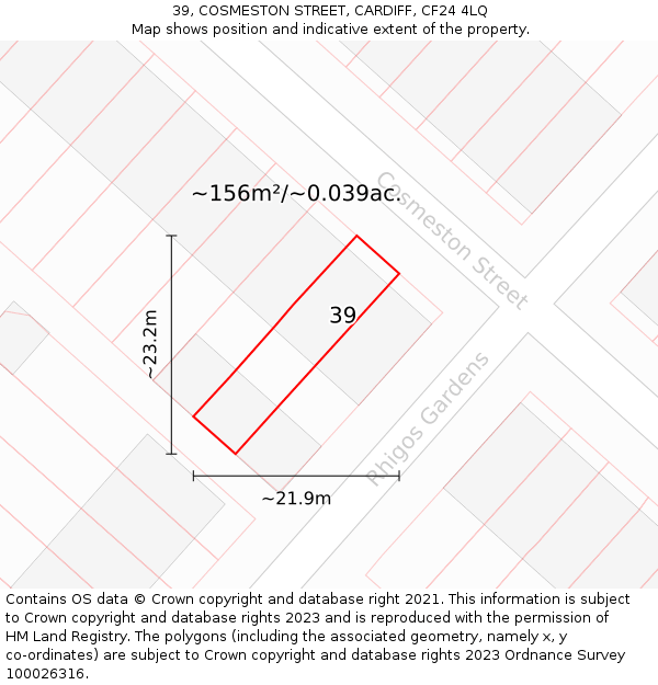 39, COSMESTON STREET, CARDIFF, CF24 4LQ: Plot and title map