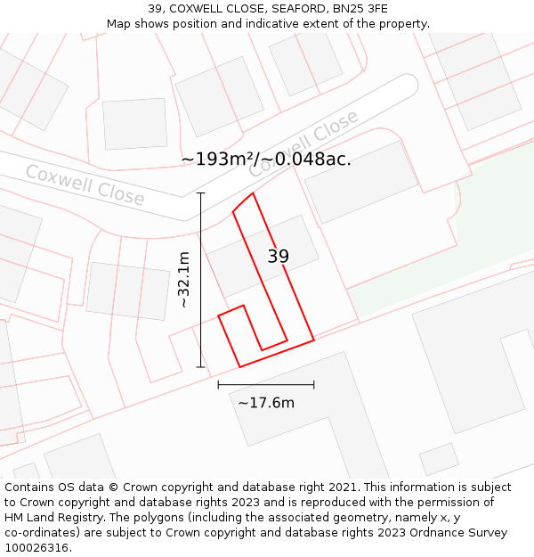 39, COXWELL CLOSE, SEAFORD, BN25 3FE: Plot and title map