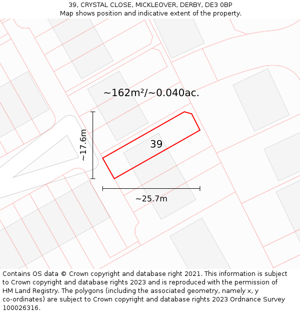 39, CRYSTAL CLOSE, MICKLEOVER, DERBY, DE3 0BP: Plot and title map