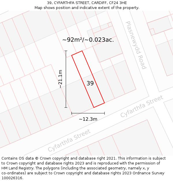 39, CYFARTHFA STREET, CARDIFF, CF24 3HE: Plot and title map