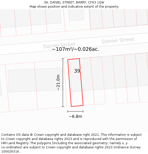 39, DANIEL STREET, BARRY, CF63 1QW: Plot and title map